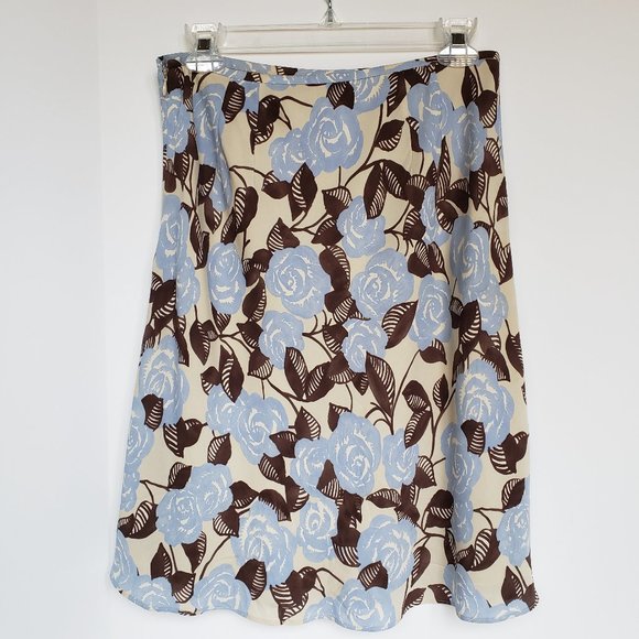 LOFT Blue-Cream-Brown Leaf Print Lined Silk Skirt 4 - Picture 5 of 7